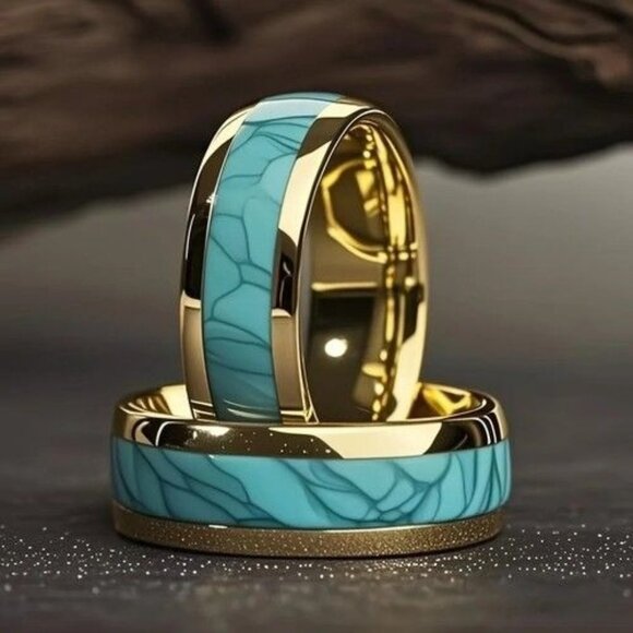 Tungsten Steel Men's Fashion Ring High Polished Turquoise & gold plated rims - Picture 1 of 1